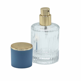 12x Powder Blue - 30ml Round Ribbed Bottle, Spray and Cap