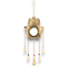 2x Indian Chimes - Hamsa Lrg Mirror 5 Bells - 19x65cm