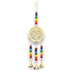 4x Indian Chimes - Brass Tree of Life with Chakra Beads - 3 Bells - 6.5x31cm