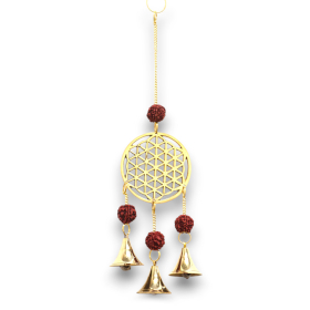 4x Indian Chimes - Brass Flower of Life with Rudraksha Beads - 3 Bells - 6x27cm