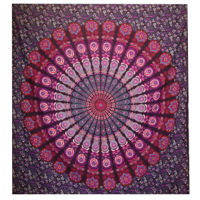 Double Cotton Bedspread + Wall Hanging - Peacock Mandala - Purple