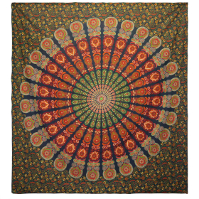 Double Cotton Bedspread + Wall Hanging - Peacock Mandala - Green