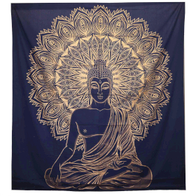 Double Cotton Bedspread + Wall Hanging - Buddha - Blue Gold