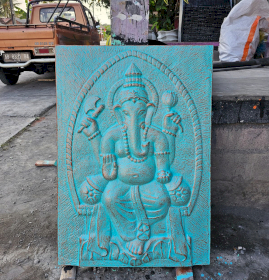 Large Ganpati Iron Frame Turquoise Relief - 0.7x1m