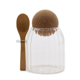 Sm Cottage Bamboo Glass Jar -  Ribbed & Spoon 10cm